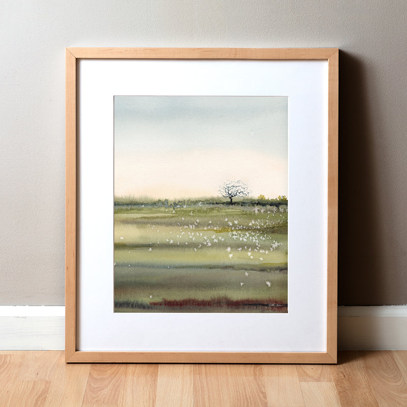 Painting of cerebral angiogram as a tree in an open irish field with gray sky