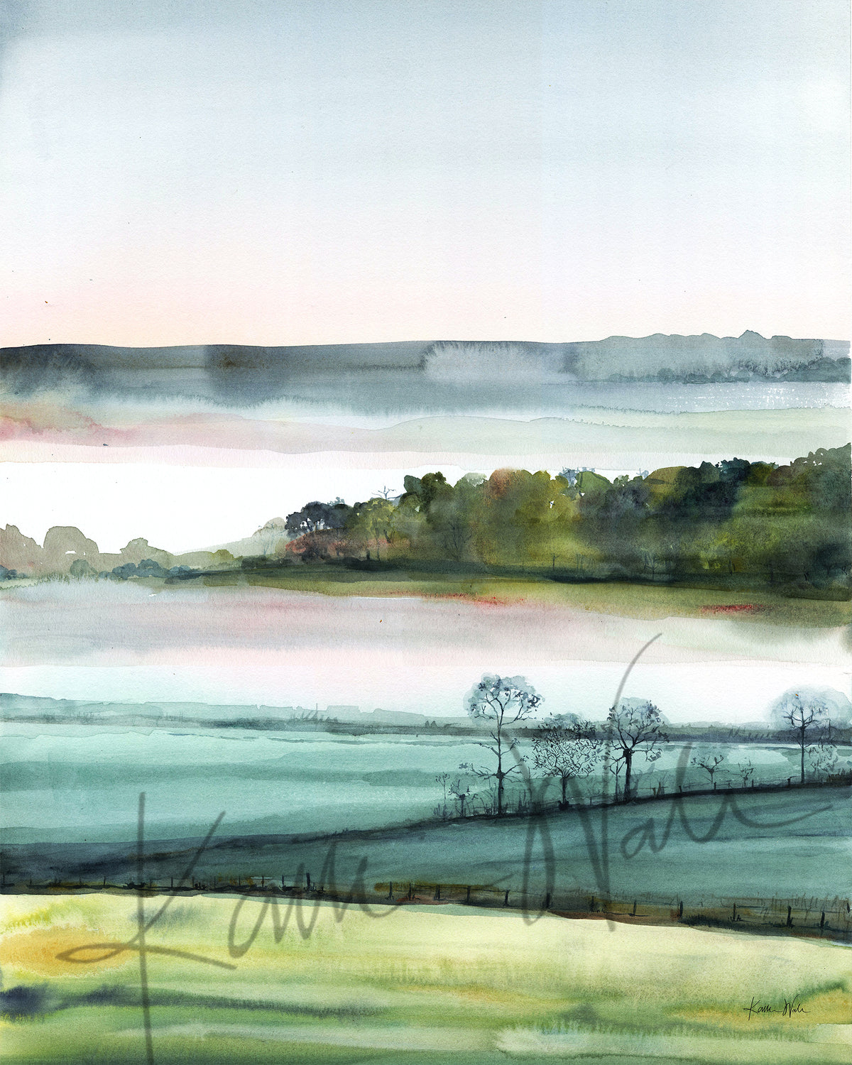 painting of neurons that look like trees in a misty field