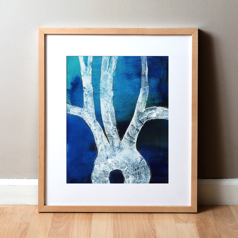 Framed abstract art print of an aorta that comes off the heart with blue and white design on a neutral wall.