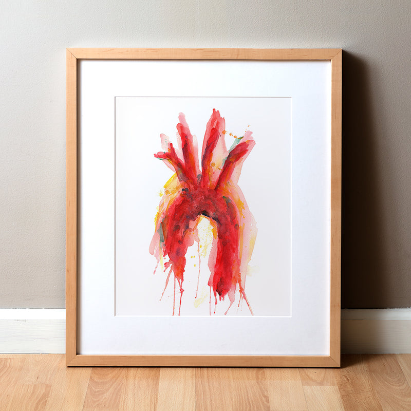 A framed watercolor print depicting a stylized representation of the aorta and its branches, primarily in red and yellow tones, displayed on a wall.