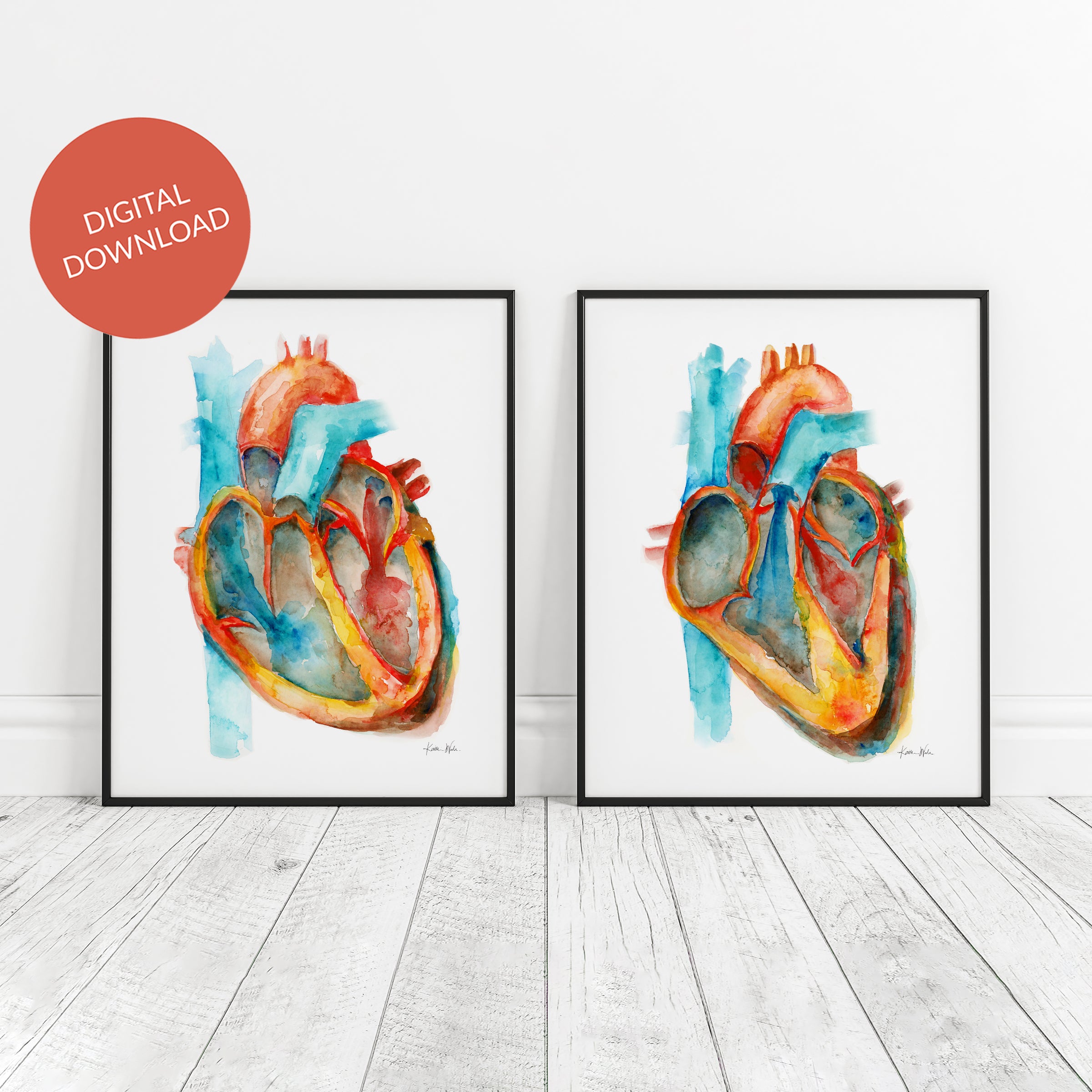 Diastole Systole Heart Watercolor Set of Two DIGITAL DOWNLOAD