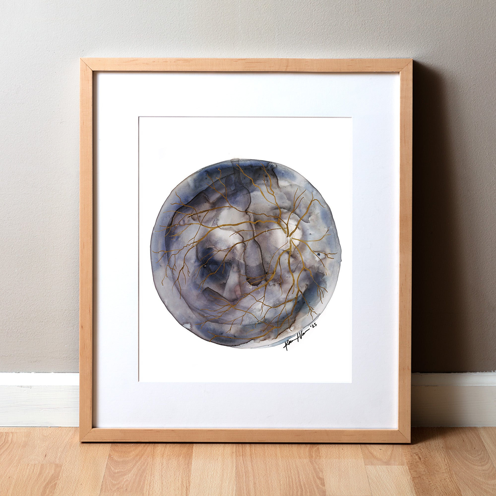 Framed abstract anatomy art for an optometrist's office art or clinic art. It is a eye anatomy painting of a gray retina on a white background.