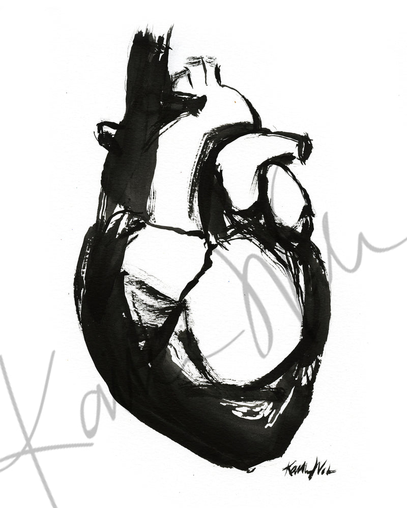 Black and white abstract painting of an abstract anatomy heart art on a white background
