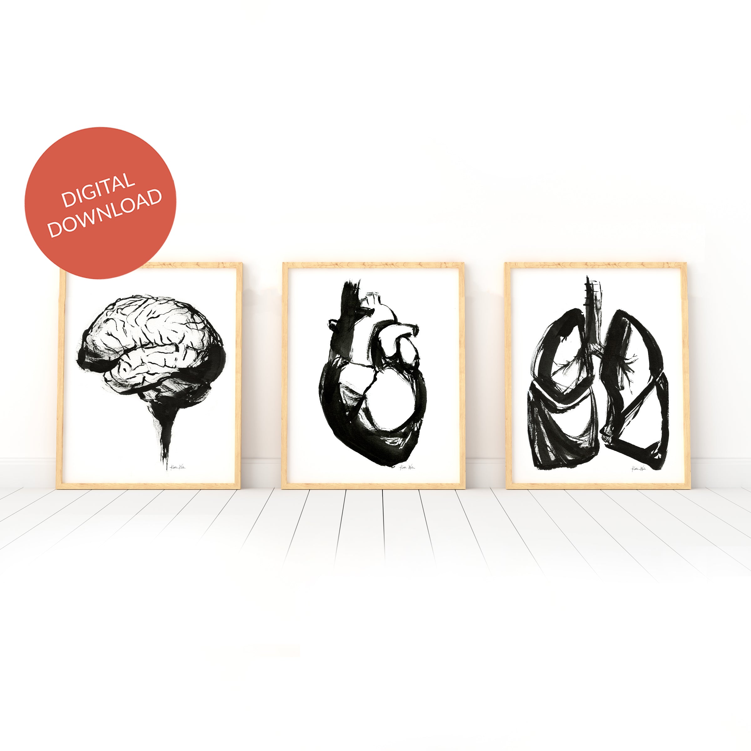 Heart, Brain, and Lungs Ink Set of Three DIGITAL DOWNLOAD