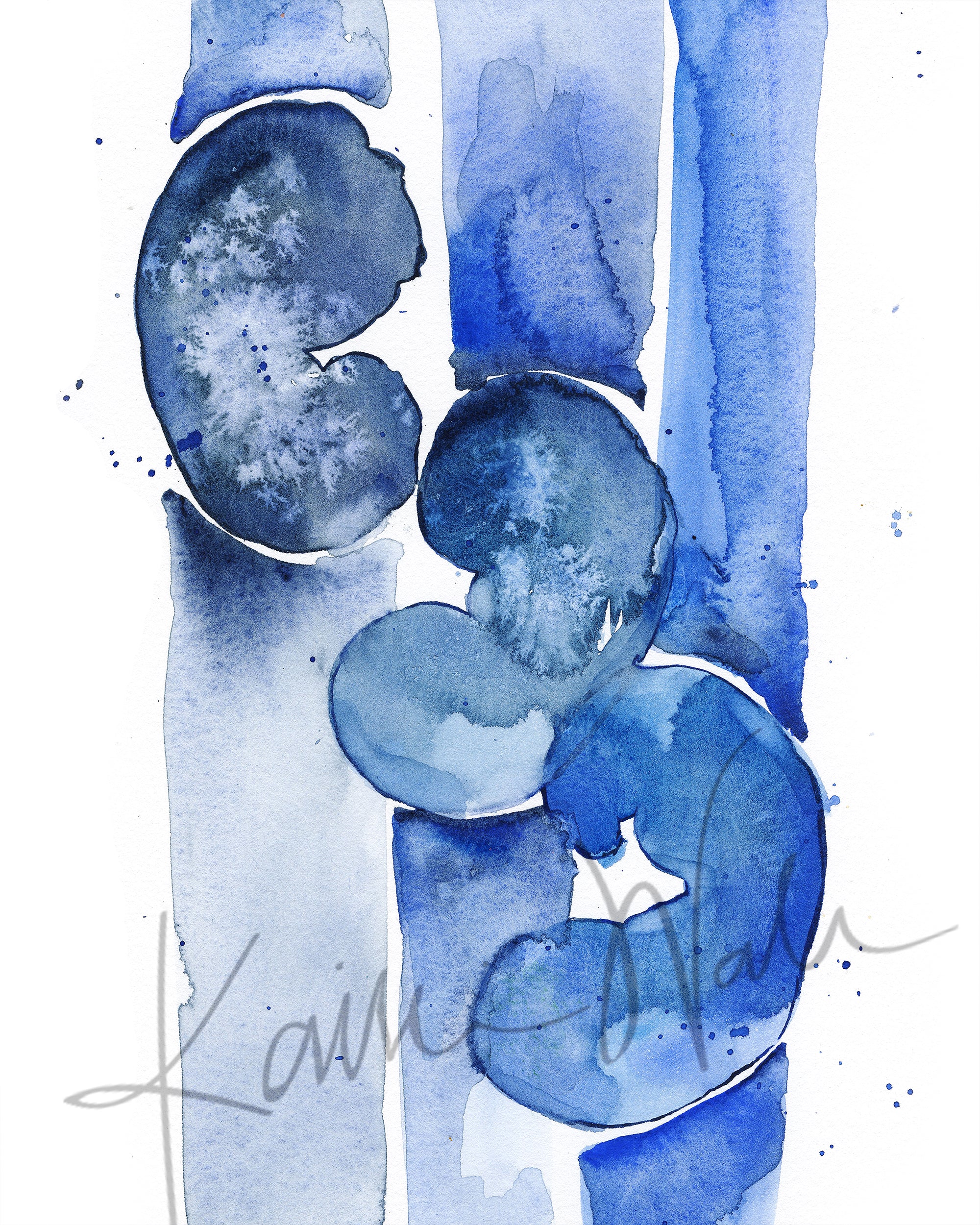 A watercolor painting of three kidneys in blues and navy. It is abstract, but still clearly kidneys to a nephrologist. The anatomy art print is unframed.