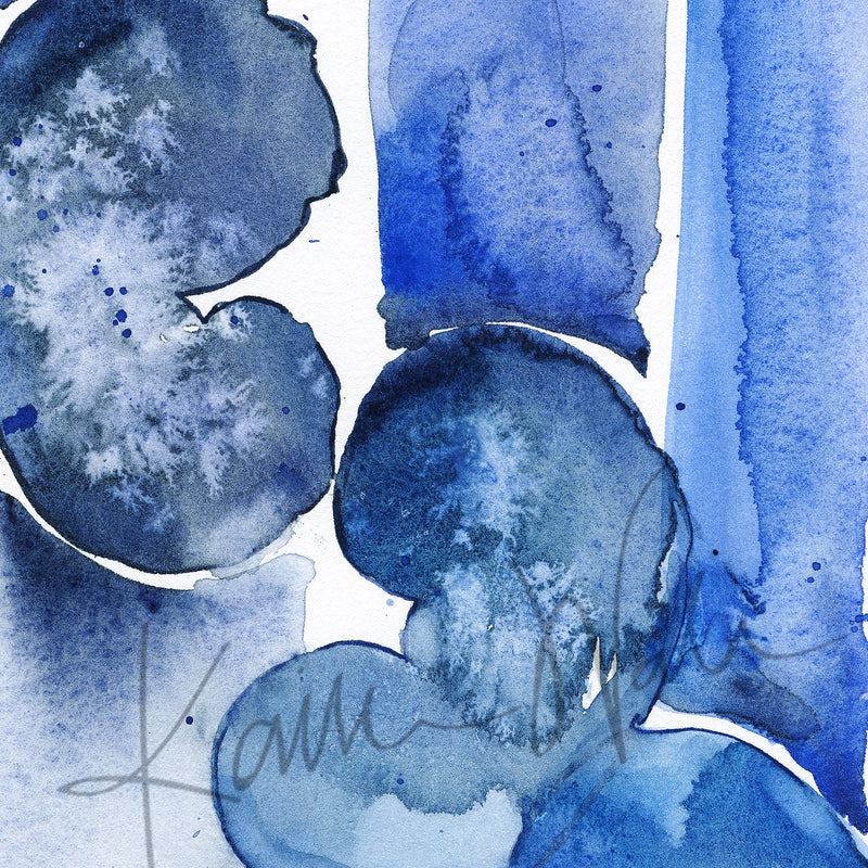 A watercolor painting of three kidneys in blues and navy. The image is zoomed in, so you can see the brush strokes and watercolor effects created using salt.
