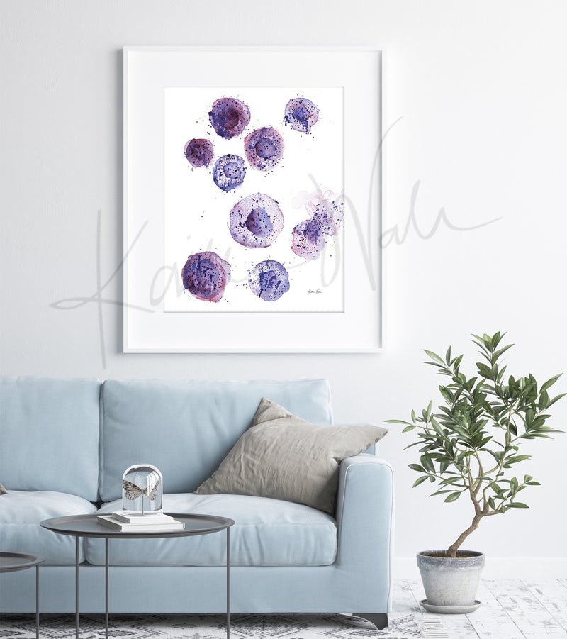 Framed print of Mast Cells displayed above a couch in a doctor's office waiting room. Allergy clinic art