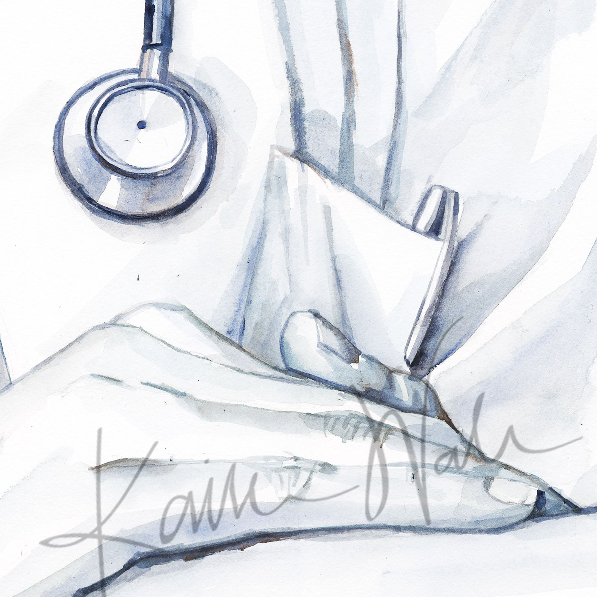 Zoomed in view of a watercolor painting of a doctor holding a patient’s hand in comfort