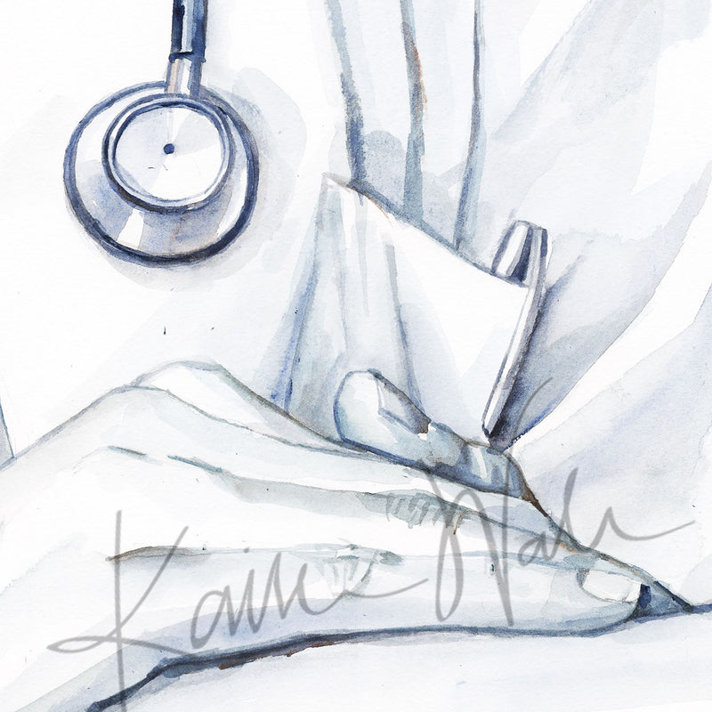 Zoomed in view of a watercolor painting of a doctor holding a patient’s hand in comfort