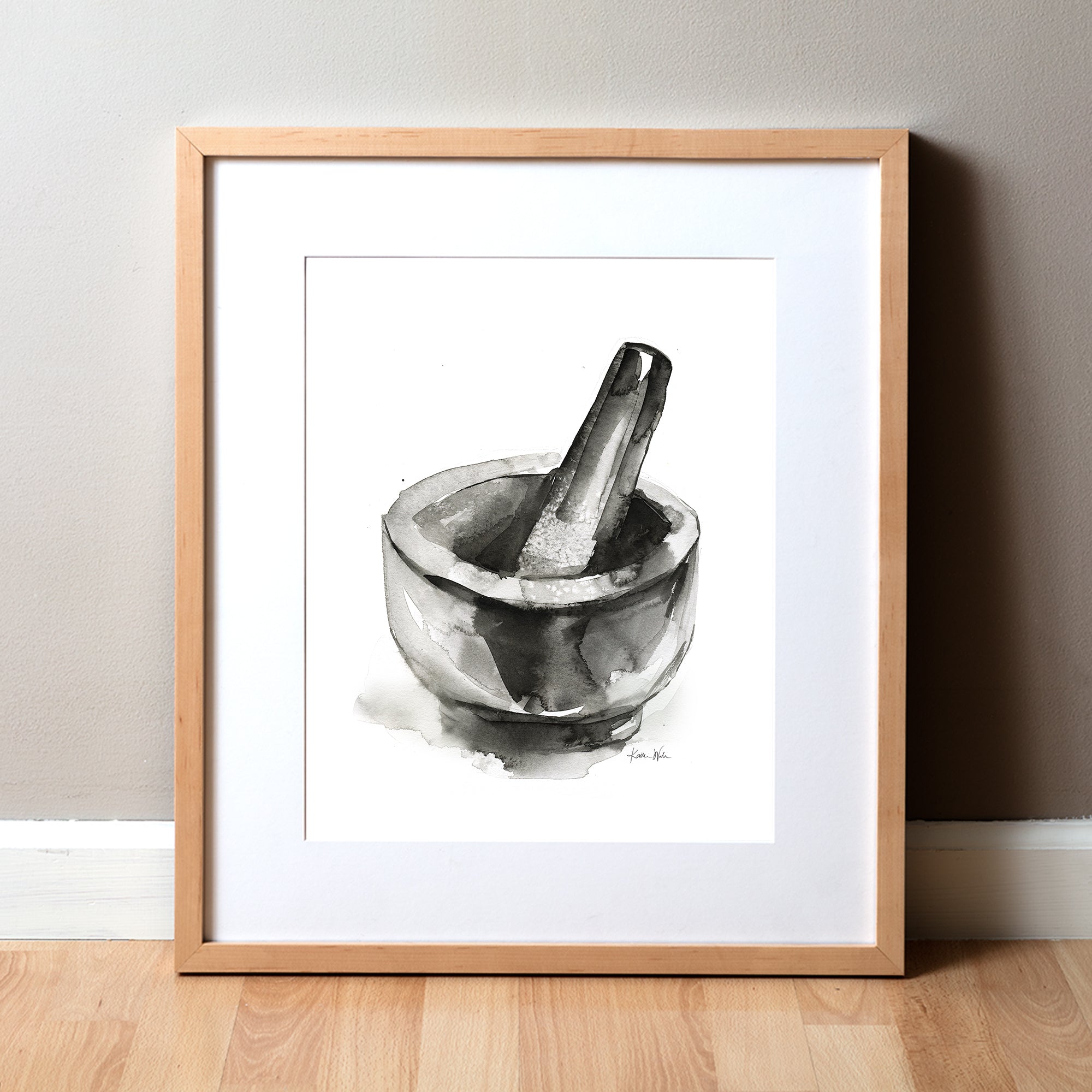Framed pharmacist art print showing a black and white mortar and pestle painting for pharmacy art.