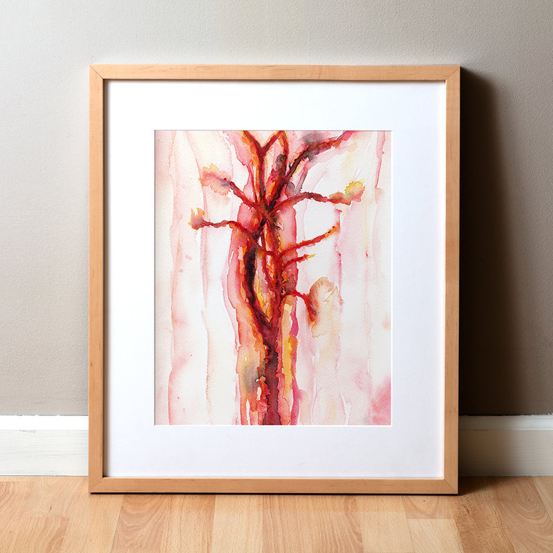 A framed watercolor print depicting an abstract representation of a carotid artery with red and pink hues, displayed on a wall.