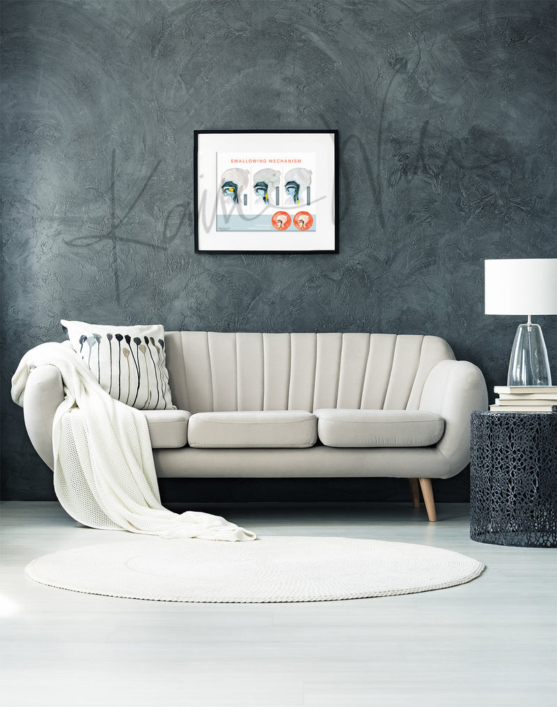 Modern living room with a white sofa, decorative pillows, and ENT anatomy art on a gray wall.