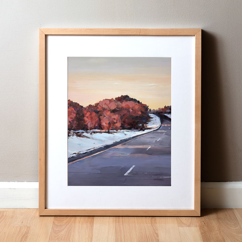 Framed watercolor painting of a snowy Wisconsin landscape in the spring.