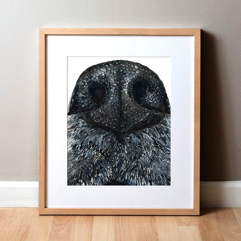 Framed watercolor painting of a zoomed in perspective of a dog’s nose. The painting is in black and white.