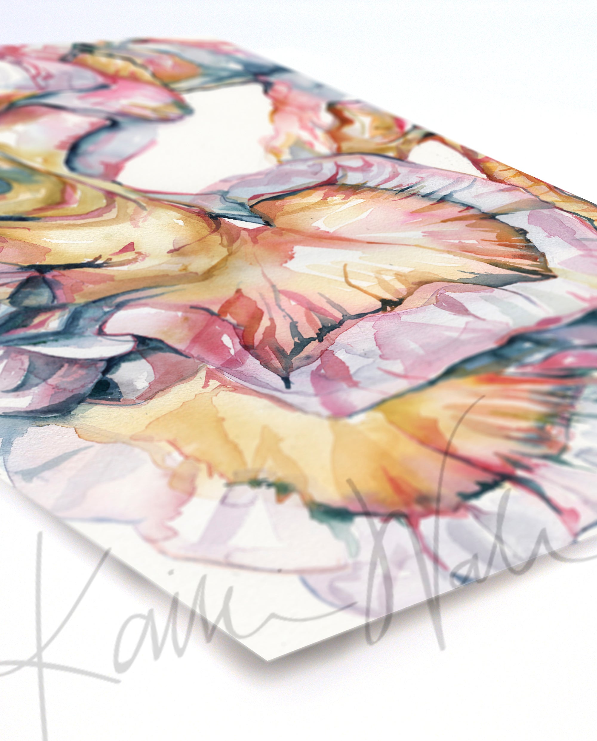 Unframed watercolor painting of the intestines and mesentery folds in soft, light pastels. The painting is at an angle.