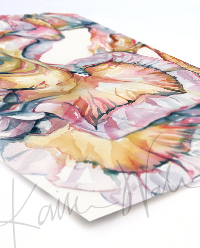 Unframed watercolor painting of the intestines and mesentery folds in soft, light pastels. The painting is at an angle.