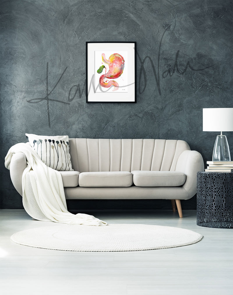 Framed watercolor painting of a stomach, duodenum, and gallbladder combination. The painting is hanging over a white couch.