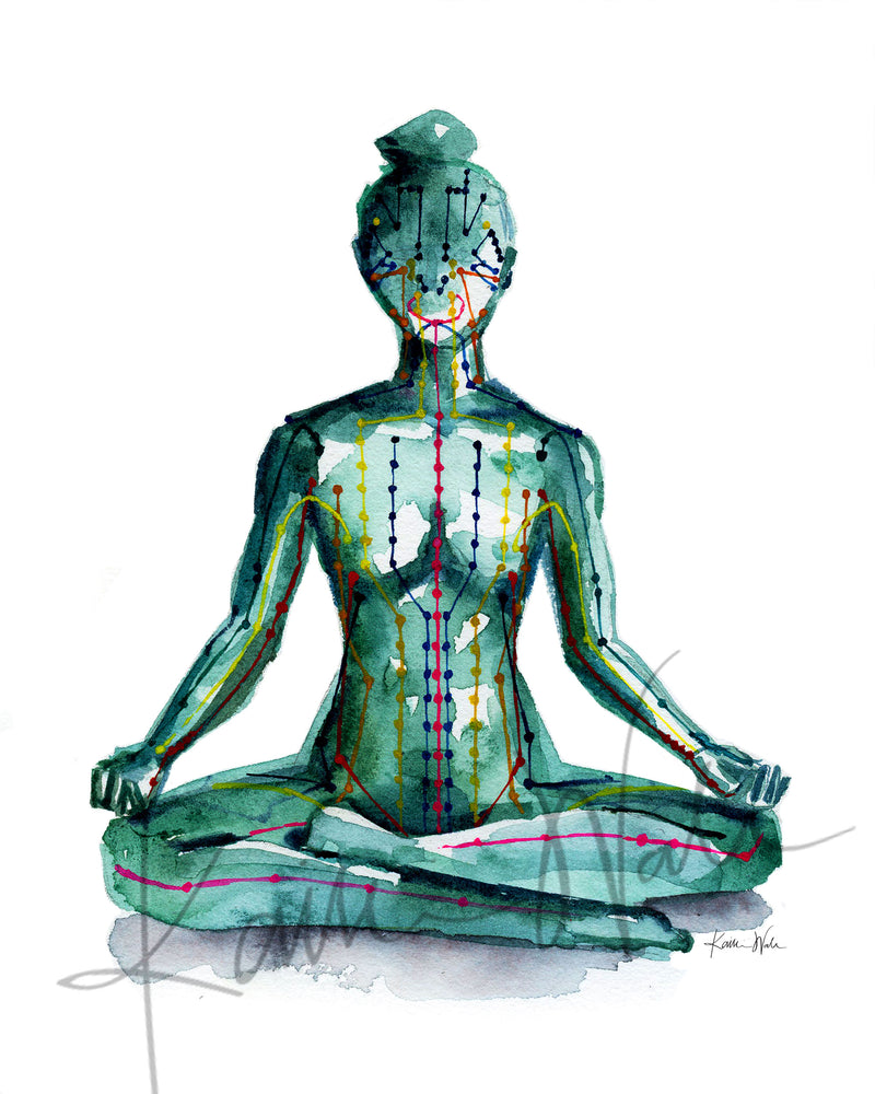 Unframed watercolor painting of a person sitting in a meditative pose with meridian paths showing.
