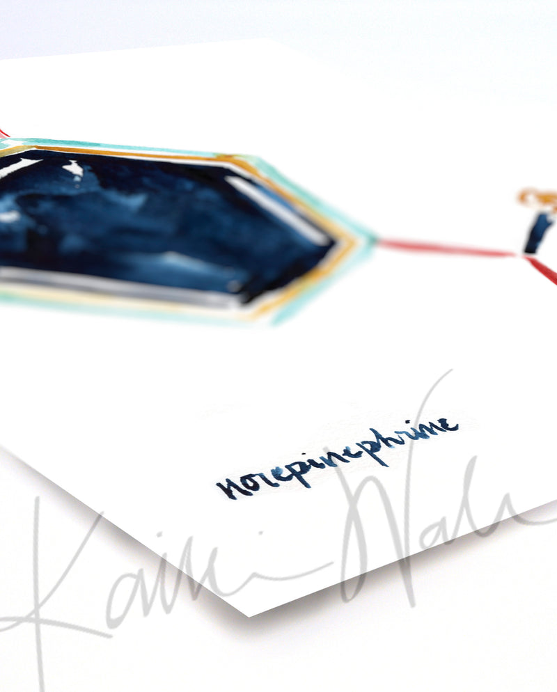 Unframed watercolor painting at an angle of the norepinephrine hormone structure in blues, yellow and reds.