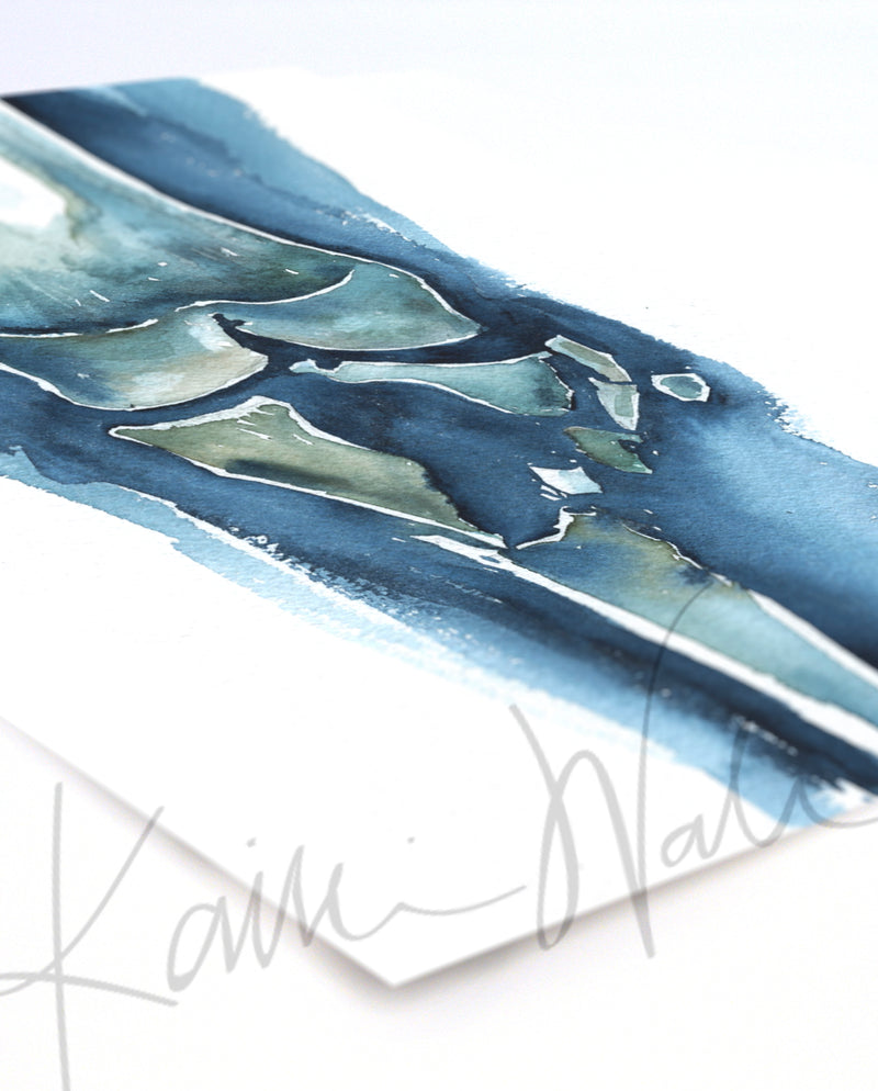 Unframed watercolor painting at an angle. The painting shows a shattered knee.