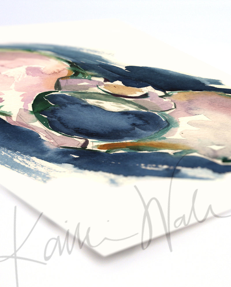  Unframed watercolor painting at an angle showing a pelvis at an angle in purples, greens, browns, and navy blues.